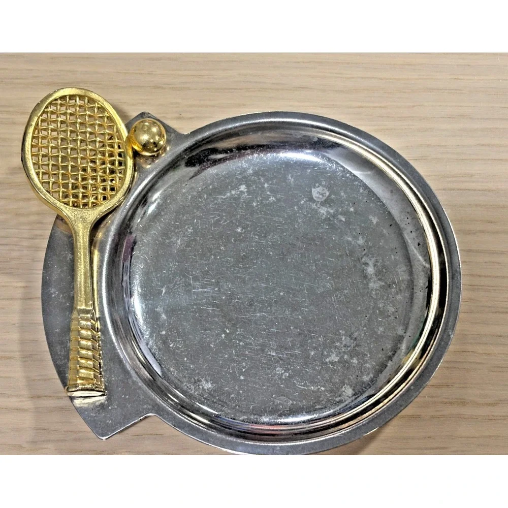Vintage Metal Ashtray w/ Gold Tennis Racquet Trinket Tray